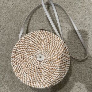 Round Woven Tan and White Crossbody Bag